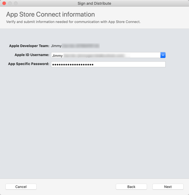 “App Store Connect”信息向导页面的屏幕截图，其中显示了所选的 Apple ID 用户名。