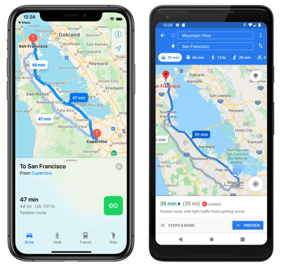 iOS 和 Android 上的本机地图应用路由的屏幕截图