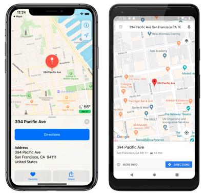 iOS 和 Android 上的本机地图应用的屏幕截图