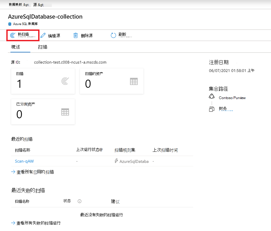 源Microsoft Purview 治理门户窗口的屏幕截图，其中突出显示了“新建扫描”按钮。