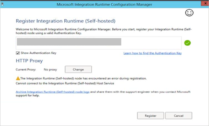 Integration Runtime Configuration Manager窗口的屏幕截图，其中显示了 IR 注册错误。