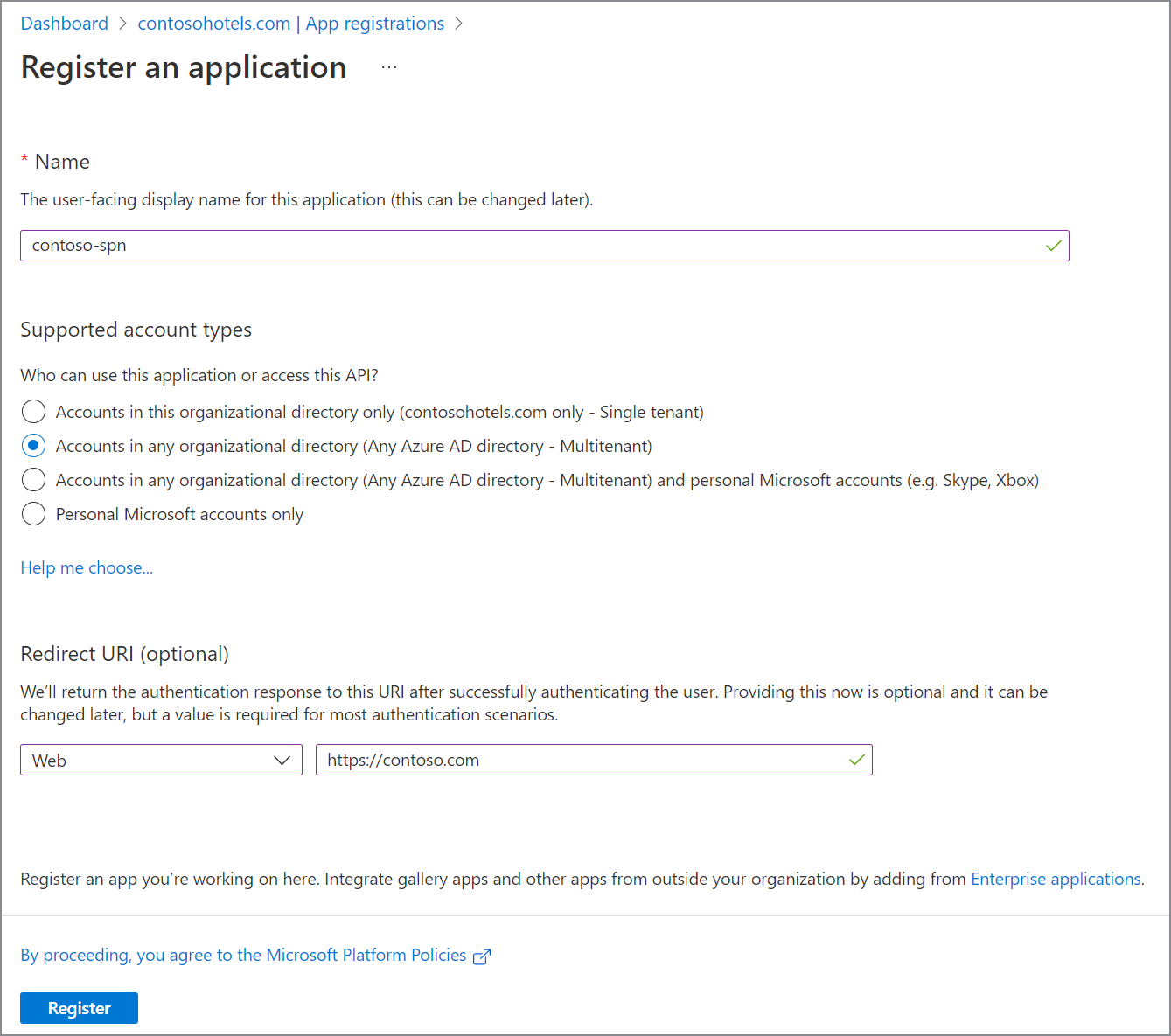 如何在 Microsoft Entra ID 中创建跨租户的应用的屏幕截图。