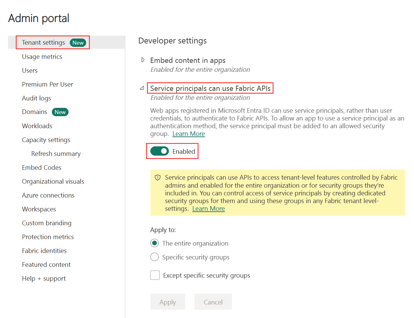 Screenshot showing the tenant switch: service user can use public APIs tenant.