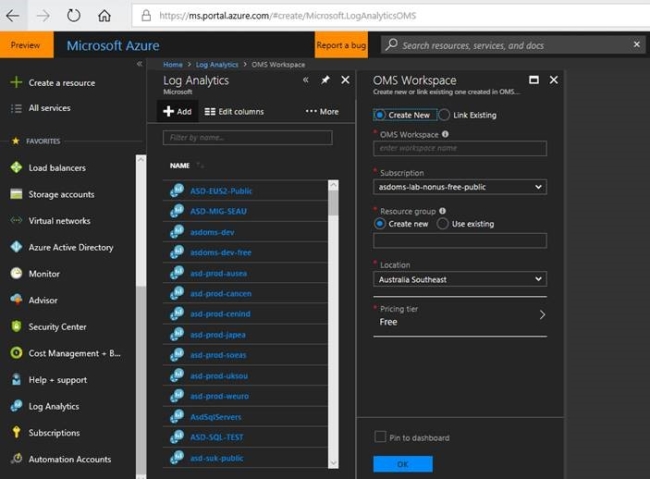 Microsoft Azure 窗口，其中显示已新建 Azure Log Analytics 工作区。