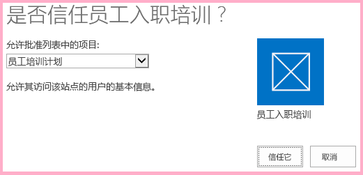 SharePoint 加载项许可提示，其中简要说明了加载项需要的权限，并包含“信任它”或“取消”按钮。