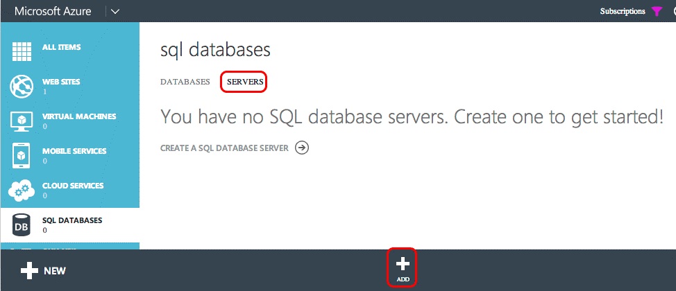 Azure SQL 数据库“添加”按钮