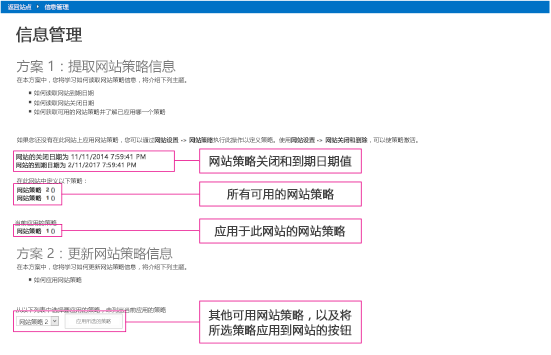 外接程序启动页面的屏幕截图，具有突出显示的网站策略关闭和过期值、可用和应用的网站策略及其他要应用的策略。