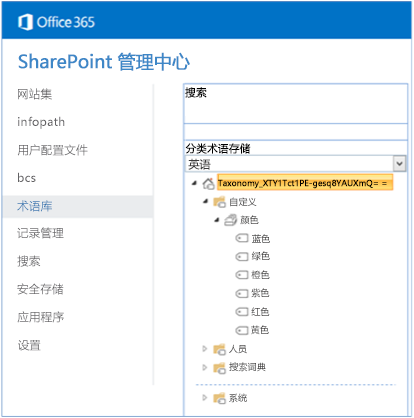 分类术语库已展开的 SharePoint 管理中心的屏幕截图。