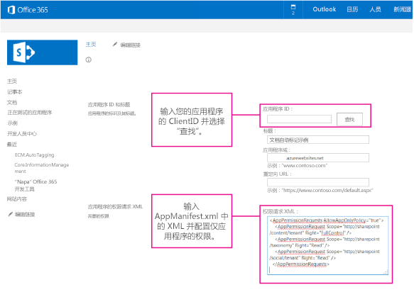 AppInv.aspx 页面的屏幕截图，其中突出显示了应用 ID 和权限请求 XML 框