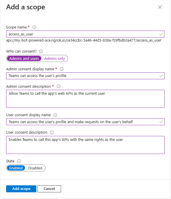 The panel to add a new permission scope. There are options to configure the scope name, who can consent the scope, the admin consent display name and description, the user consent display name and description, and the state of the scope.