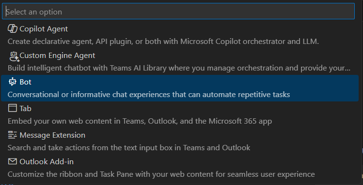 The UI of Microsoft Visual Code with the Microsoft Teams Toolkit activated, when creating a new Bot. There is a list of project templates with the 'Bot' option highlighted