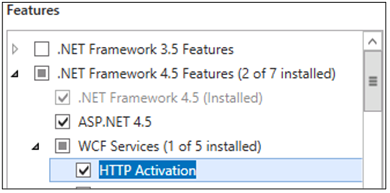 显示 .NET Framework 4.5 功能下的 HTTP 激活选项的屏幕截图。