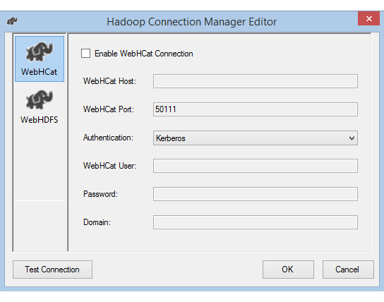 使用 Kerberos 身份验证的 Hadoop 连接管理器编辑器的屏幕截图