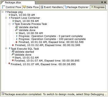 SSIS 设计器的“进度”选项卡