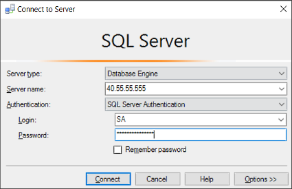 SQL Server Management Studio 的屏幕截图：连接到 SQL Database 服务器。