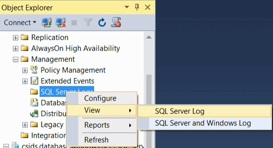 查看 SSMS 中的 SQL Server 日志。