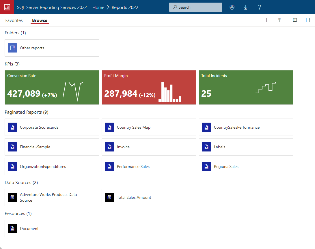 更新后的 [!INCLUDE [sssql22-md](../includes/sssql22-md.md)] Reporting Services Web 门户的屏幕截图。