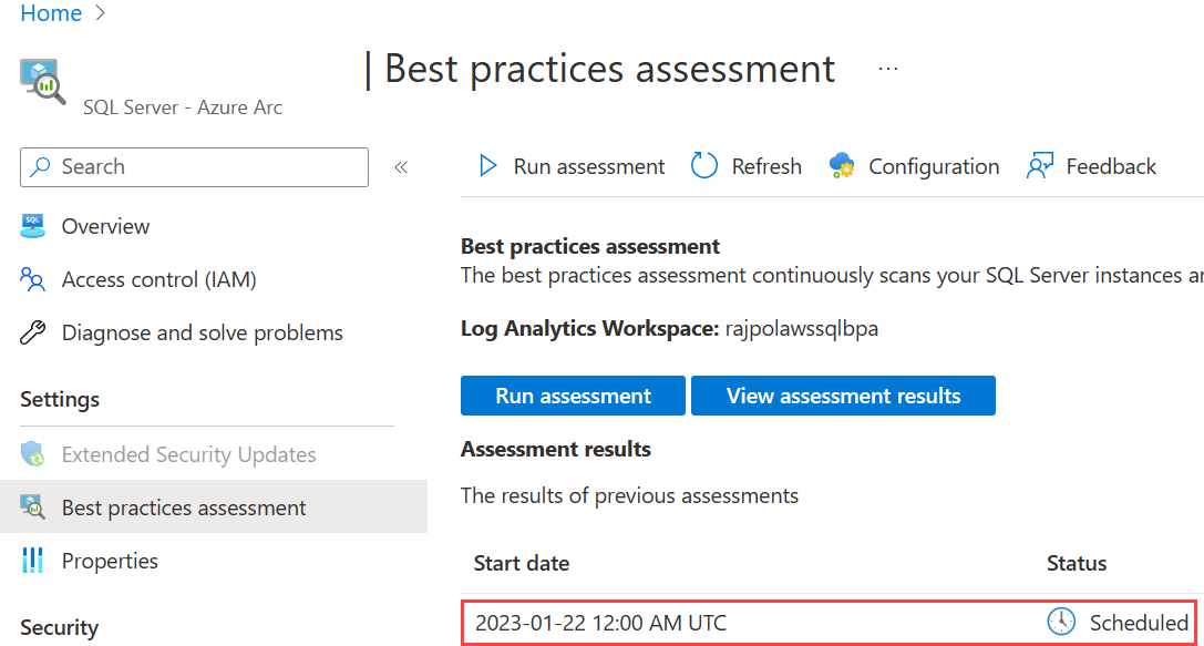 显示成功启用已启用 Arc 的 SQL Server 资源的最佳做法评估的屏幕截图。