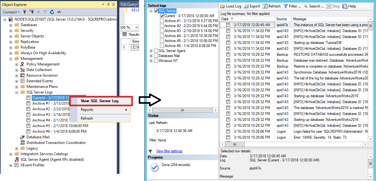 在 SSMS 中查看错误日志