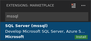 Visual Studio Code 的屏幕截图，安装 mssql 扩展。