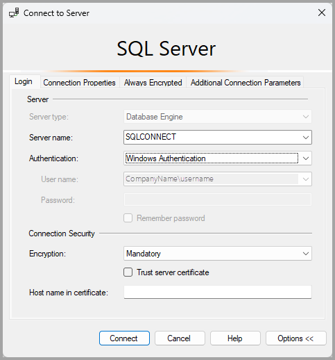 SQL Server 的连接对话框的屏幕截图。