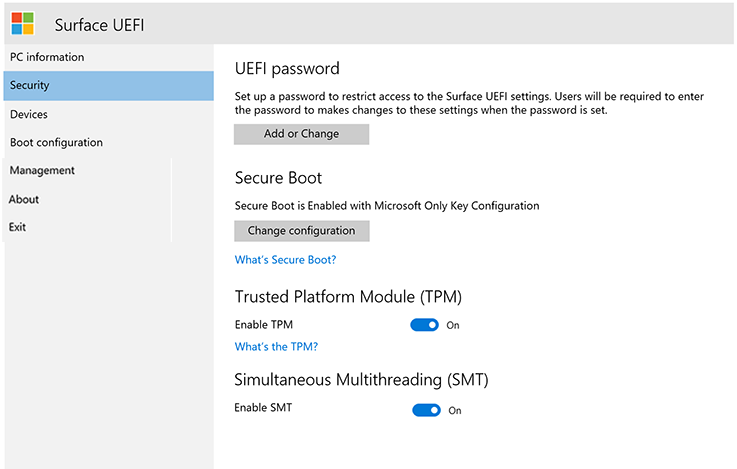 配置 Surface UEFI 安全设置。