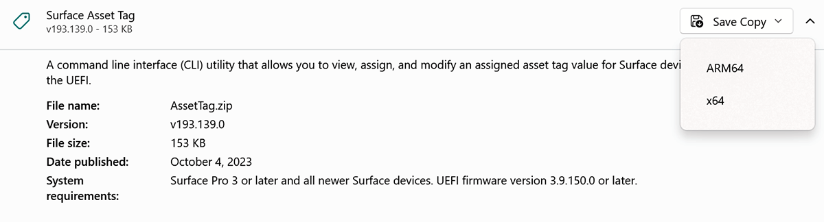 Surface 资产标记下载的屏幕截图。