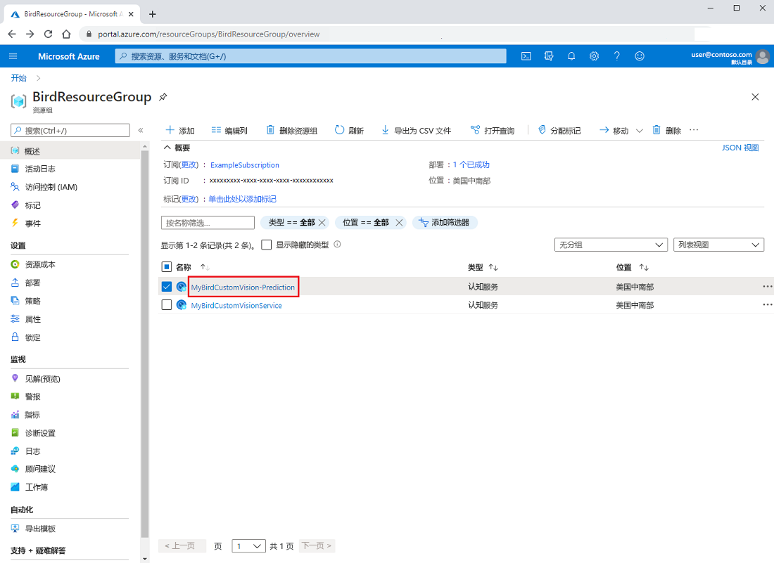 Screenshot that shows how to open the prediction resource in the Azure portal.