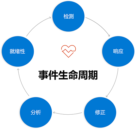 使用上述阶段标记的圆形循环图，圆圈通过箭头彼此连接，表示从一个阶段到另一个阶段