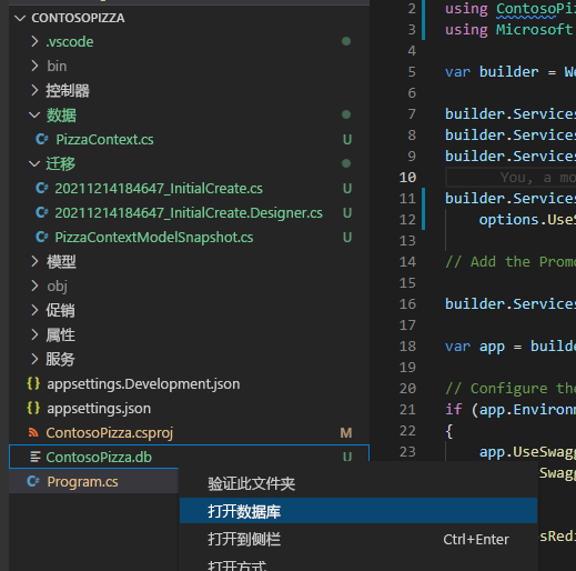 Visual Studio Code 资源管理器窗格中“打开数据库”菜单选项的屏幕截图。