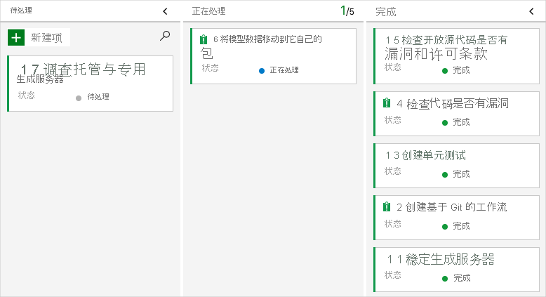 Azure Boards 的屏幕截图，显示了“Doing”列中的卡片。