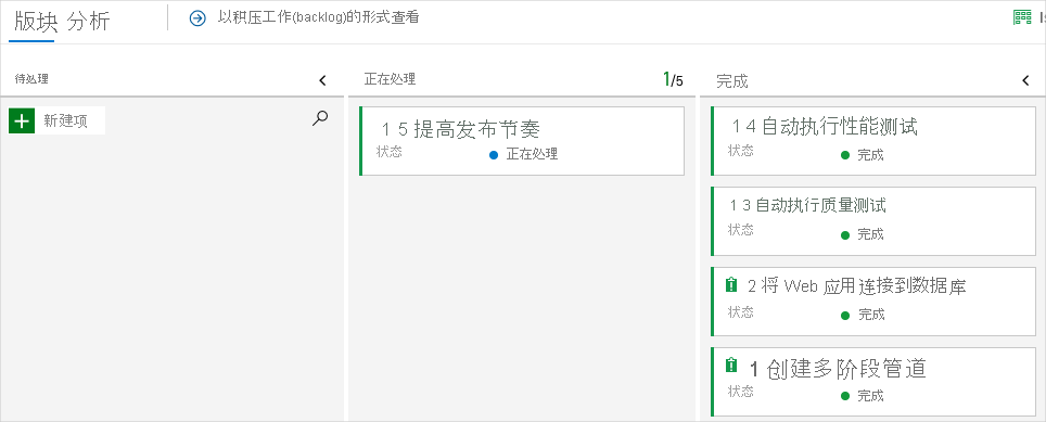 Screenshot of Azure Boards that shows the card in the Doing column.