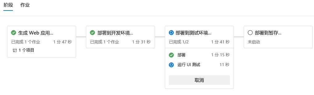 Azure Pipelines 屏幕截图，显示了正在运行的阶段。