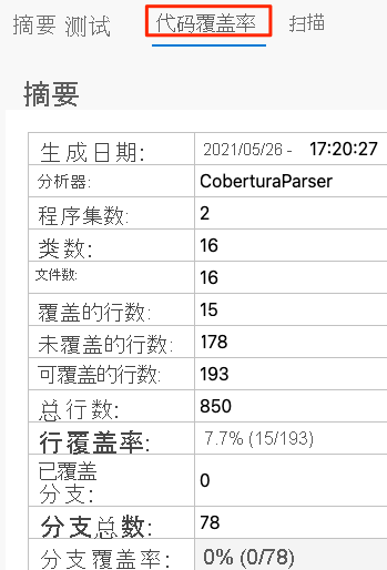 显示“Code Coverage”选项卡的 Azure Pipelines 的屏幕截图，其中代码覆盖率报表摘要显示 7.7% 行覆盖率。