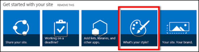 SharePoint Online 中新创建的网站的屏幕截图，其中显示了用于进一步自定义网站的可单击磁贴。