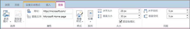 SharePoint Online 功能区的一个部分的屏幕截图，其中选择了“图像”选项卡，并且“选择”、“属性”、“样式”、“排列”、“大小”和“间距”组中提供了选择。