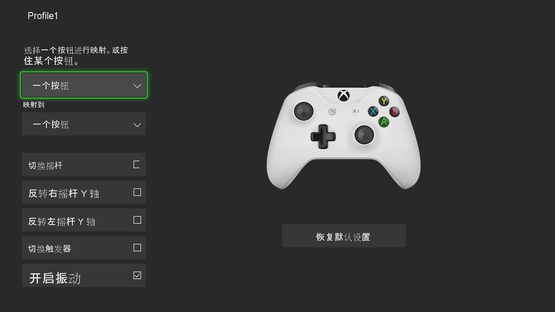 显示 Xbox 辅助功能控制器配置文件 1 设置屏幕的屏幕截图。