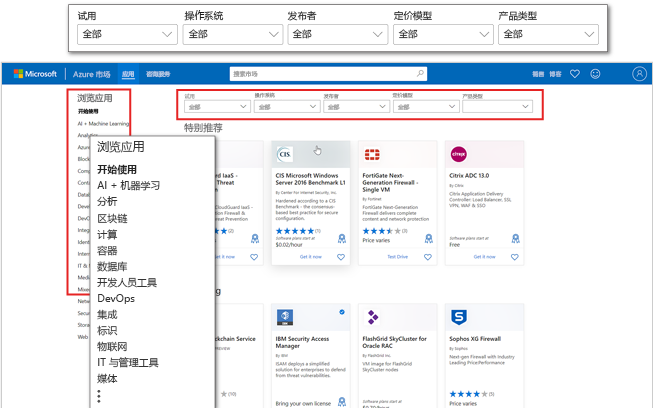 Azure 市场应用登陆页面屏幕截图（突出应用程序类别和筛选器）。