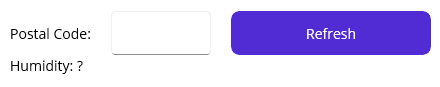 .NET MAUI 应用程序的屏幕截图，该应用程序具有邮政编码的输入控件和带有“refresh”（刷新）字样的按钮。这两个控件下是表示湿度的标签。