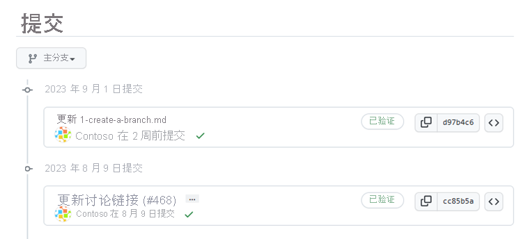向主分支进行的 GitHub 提交列表的屏幕截图。
