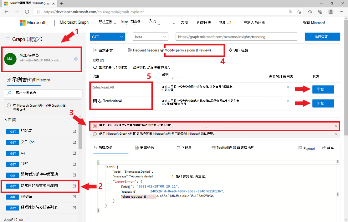 显示如何在 Graph 浏览器中使用自己的帐户测试查询的屏幕截图。