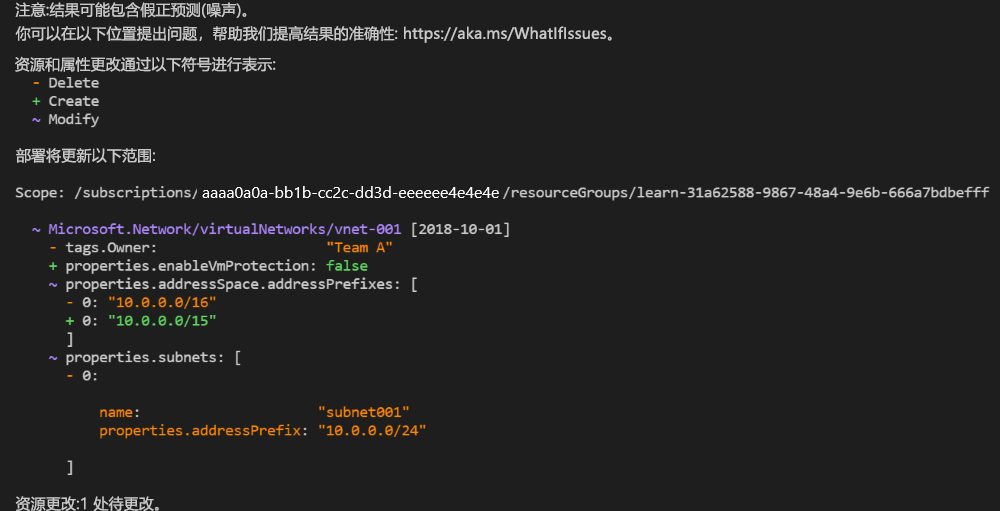 Azure CLI 的屏幕截图，其中显示了 what-if 操作的输出。