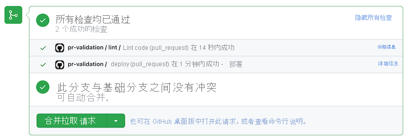 GitHub 拉取请求的屏幕截图，其中显示两个成功的状态检查。