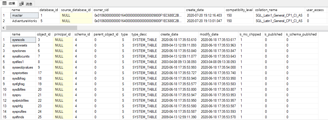 sys.databases 和 sys.objects 的结果的屏幕截图。