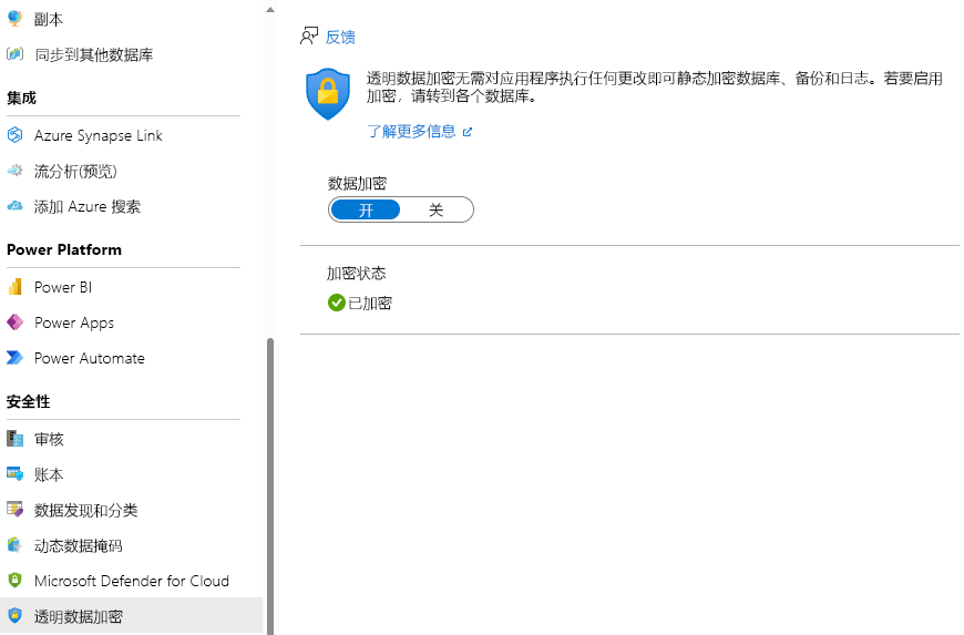 Screenshot of confirming TDE is on in the Azure portal.