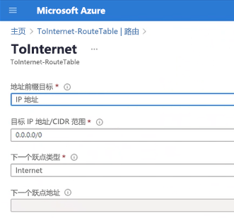 Azure 门户菜单的屏幕截图。标题为“ToInternet”路由表的菜单项突出显示了将 Internet 配置为下一个跃点的的默认路由。