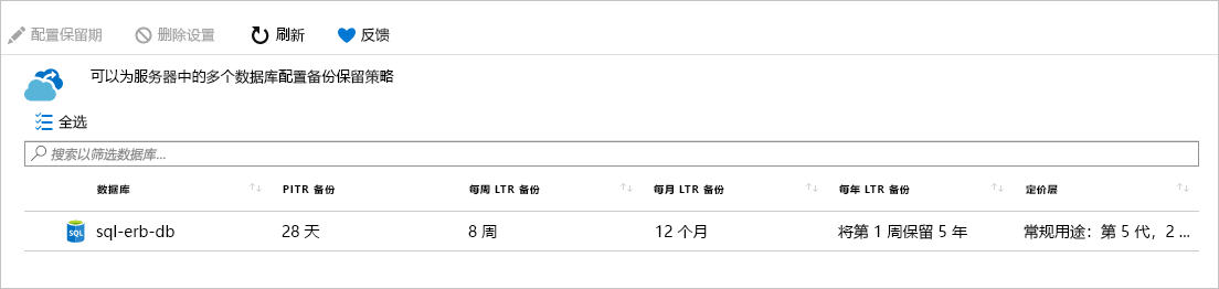 已完成的长期保留策略设置的屏幕截图。