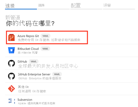 “你的代码在哪里？”窗格的屏幕截图，其中选择了 Azure Repos Git。