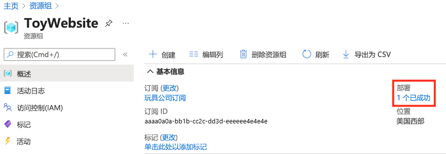 Azure 门户的屏幕截图，其中显示了一个成功部署的资源组。