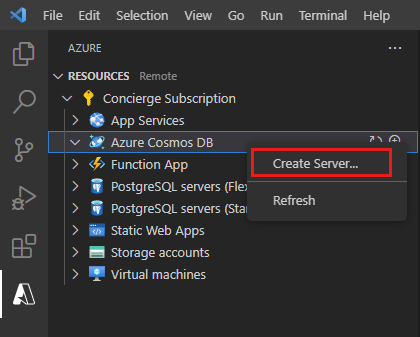 Screenshot of the Azure explorer in Visual Studio Code. The user has selected the **Create Account** command.